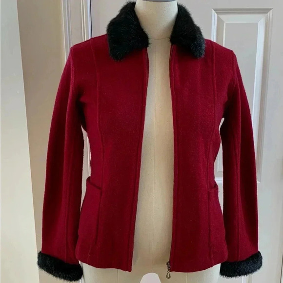CAROLE LITTLE Boiled Wool Full Zip Faux Fur Collar Sweater Jacket M * Flaw - Picture 2 of 13